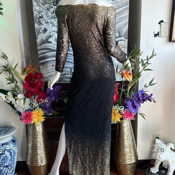 Marina BLACK & GOLD LACE OFF THE SHOULDER OMBRÉ BODY CON FLOOR LENGTH GOWN  6 - Picture 4 of 8